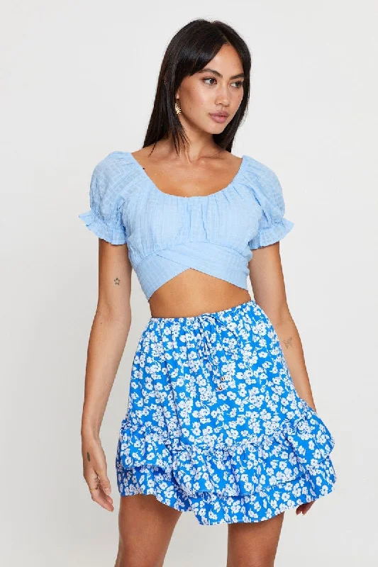 Print Flare Skirt Mini High Rise linen skirt natural