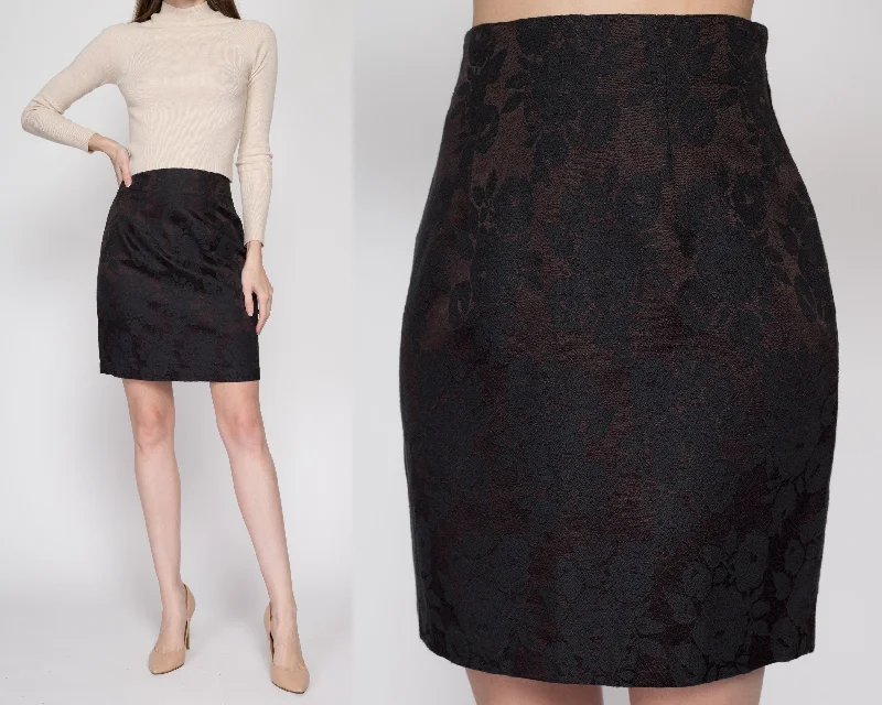 Small 90s Black Jacquard Mini Skirt 26" lace skirt intricate