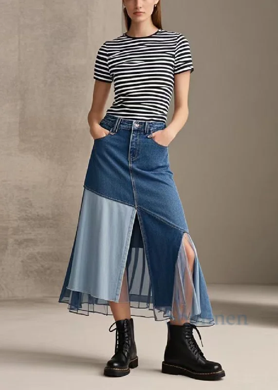 Style Blue Silm Fit Patchwork Side Open Denim Skirts Spring ribbed skirt waist