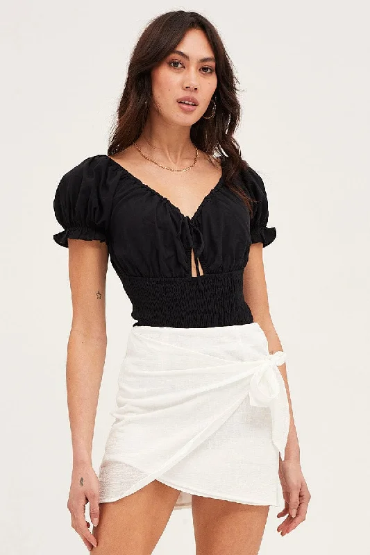 White Front Tie Wrap Mini Skirt asymmetrical skirt cut