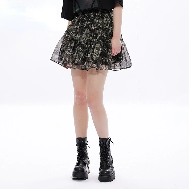 Women's Grunge Cat Printed Chiffon Short Skirt velvet skirt sumptuous