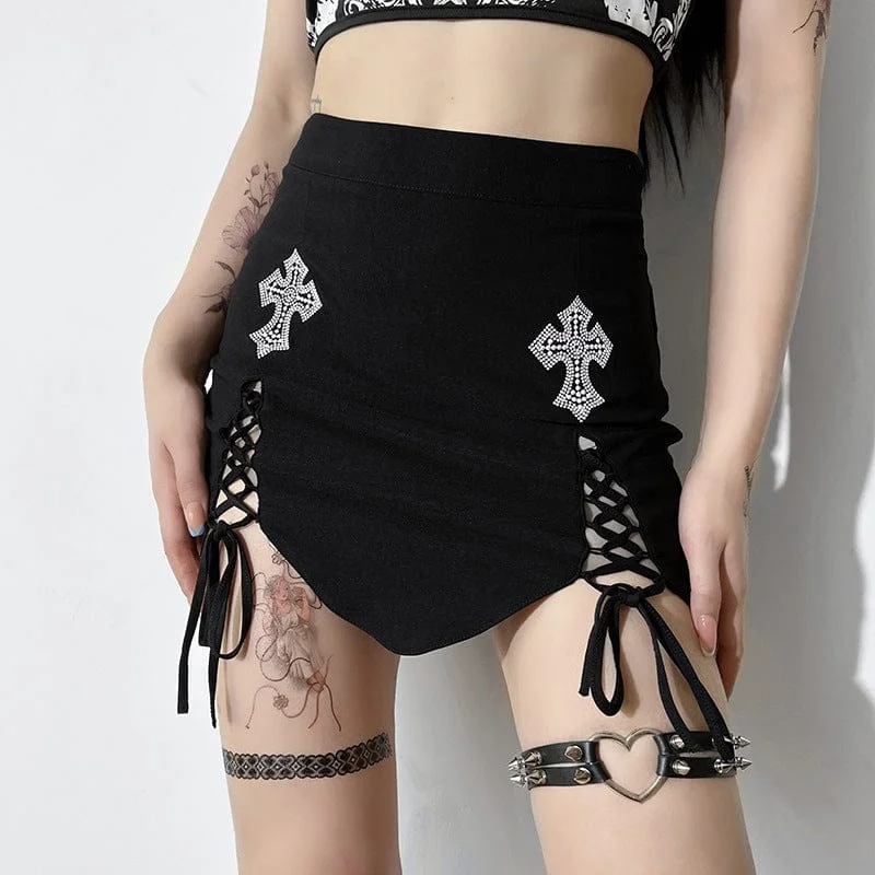 Women's Grunge Lacing-up Cross Printed Wrapped Skirt cashmere skirt plush