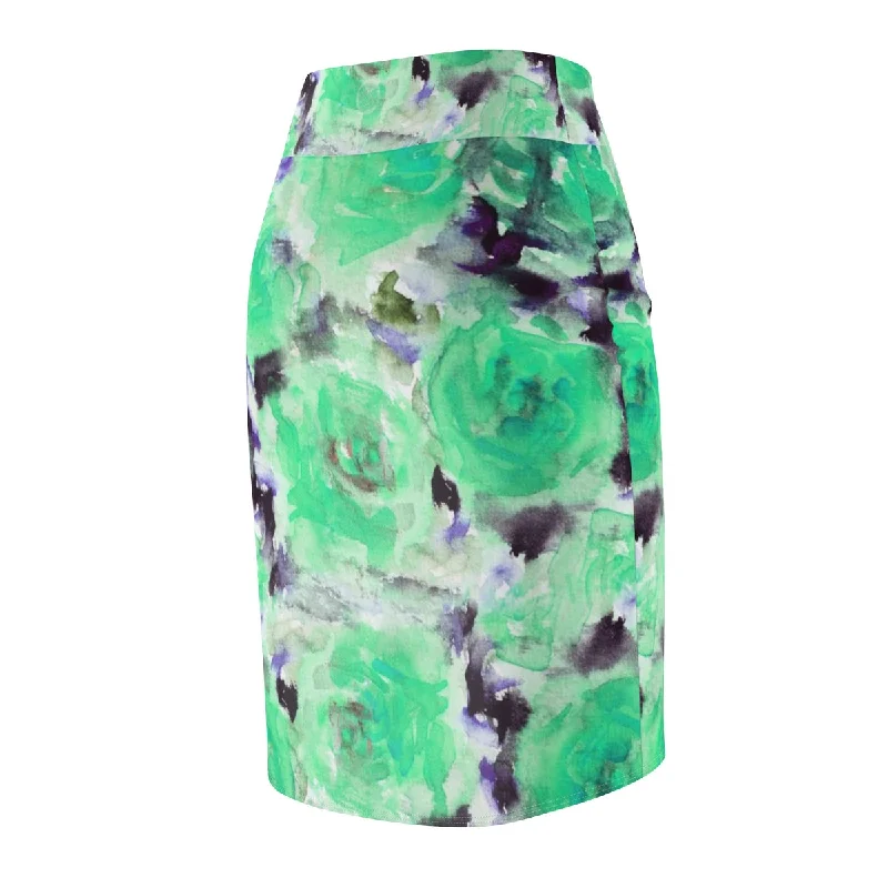 Turquoise Flower Pencil Skirt, Best Blue Floral Rose Designer Women's Pencil Skirt - Made in USA (Size XS-2XL) wrap skirt elegant