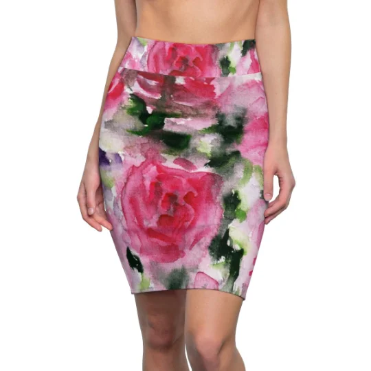 Pink Misty Flower Pencil Skirt, Best Rose Floral Designer Women's Mid-Waist Pencil Skirt - Made in USA velvet skirt rich