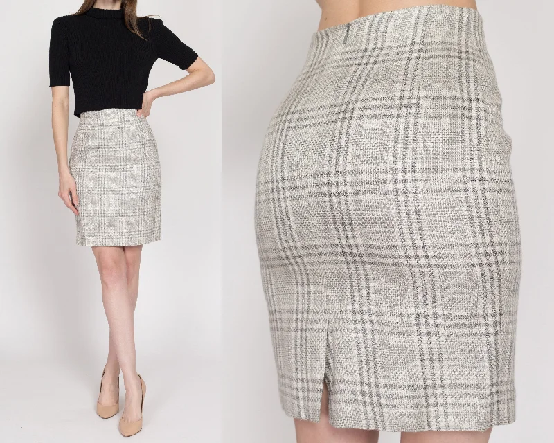 XS 90s Grey Plaid Woven Mini Pencil Skirt 24" wool skirt warm